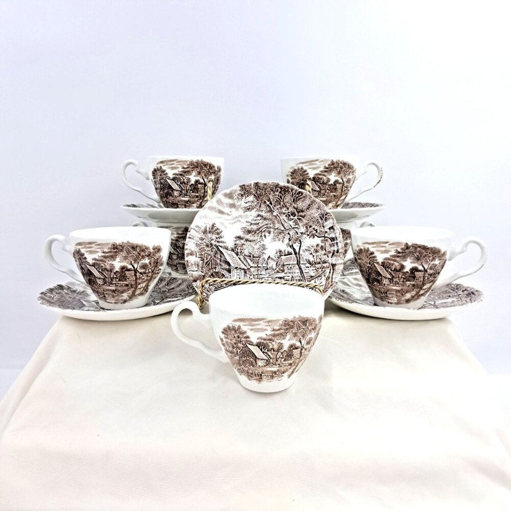 Set of 7 Johnson Bros "Watermill" Tea Cups & Saucers - S376 Brown Transferware
